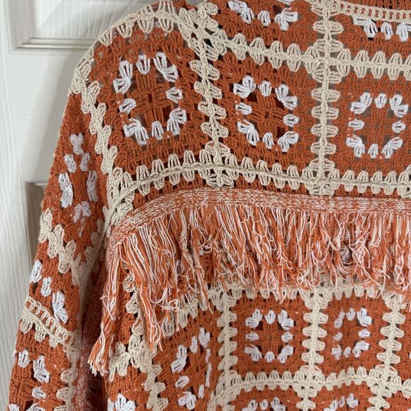 Forever 21 Crochet Design Open Front Cardigan M/L Cottagecore Fringe Boho - Picture 4 of 5